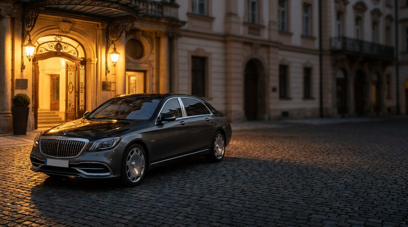 Mercedes-Maybach Luxuslimousine mit Chauffeur bei Nacht in Berlin – Limousinenservice für Gala und VIP